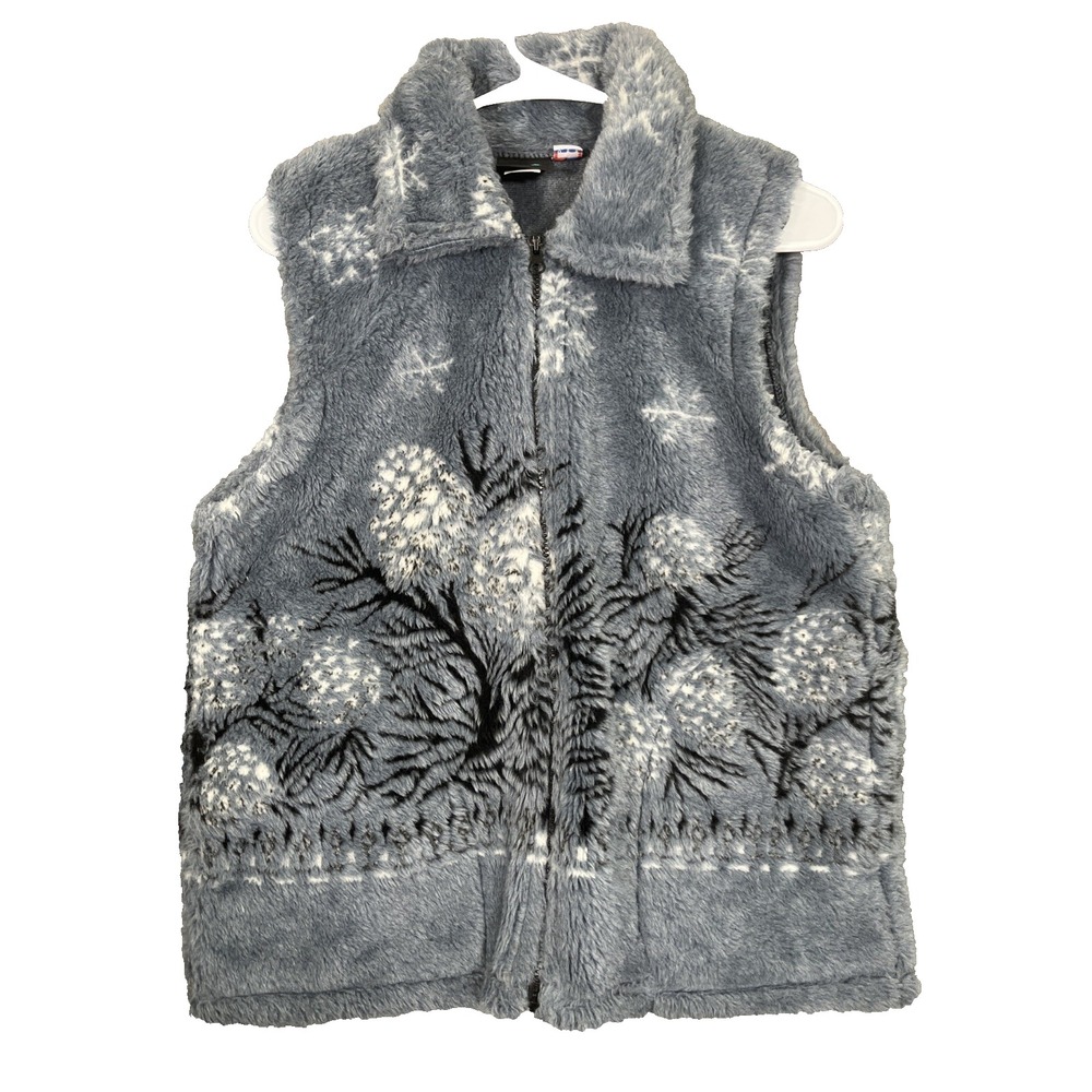 Mazmania Fleece‎ Vest Womens S Blue Fuzzy Winter Pinecone Snowflake Full Zip USA